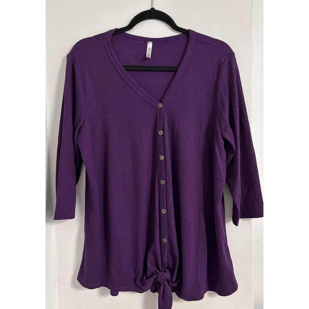 Tie Front Top Acting Pro Womens 1X Purple Ribbed Button Up 3/4 Sleeve